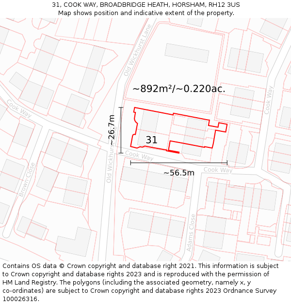 31, COOK WAY, BROADBRIDGE HEATH, HORSHAM, RH12 3US: Plot and title map