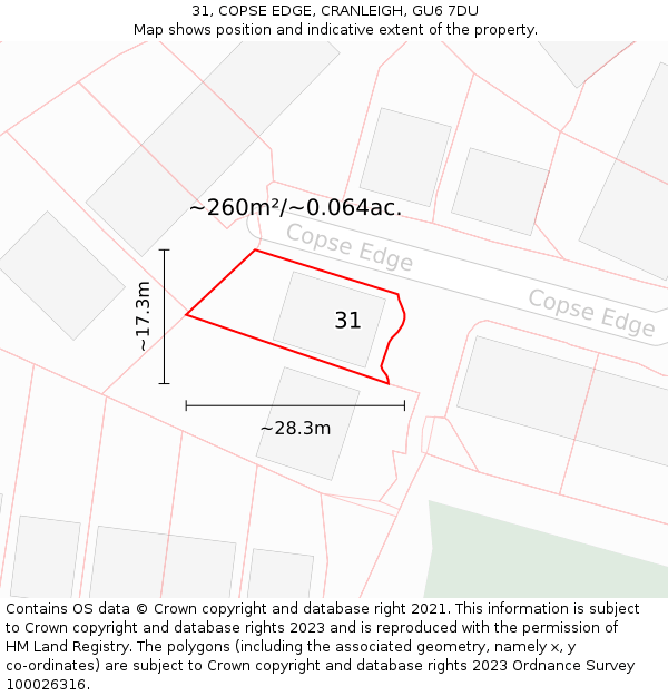 31, COPSE EDGE, CRANLEIGH, GU6 7DU: Plot and title map