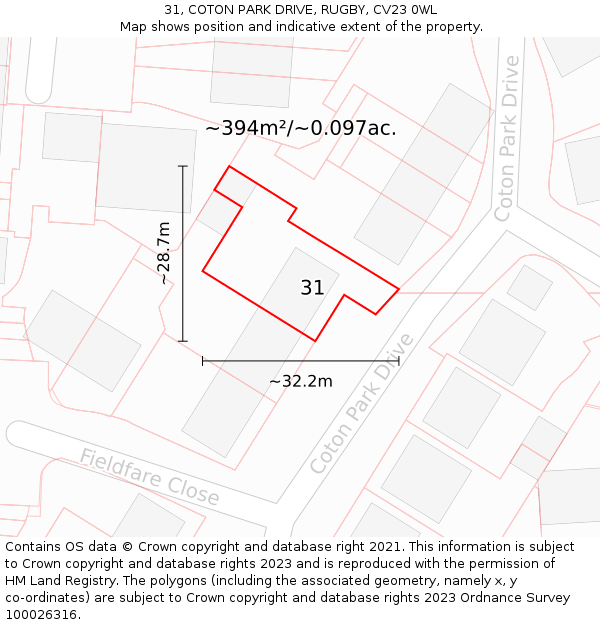 31, COTON PARK DRIVE, RUGBY, CV23 0WL: Plot and title map