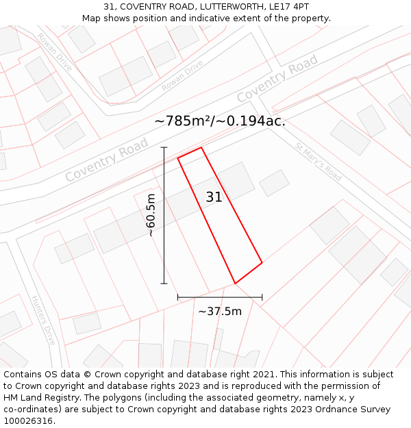 31, COVENTRY ROAD, LUTTERWORTH, LE17 4PT: Plot and title map