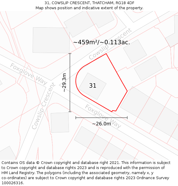 31, COWSLIP CRESCENT, THATCHAM, RG18 4DF: Plot and title map