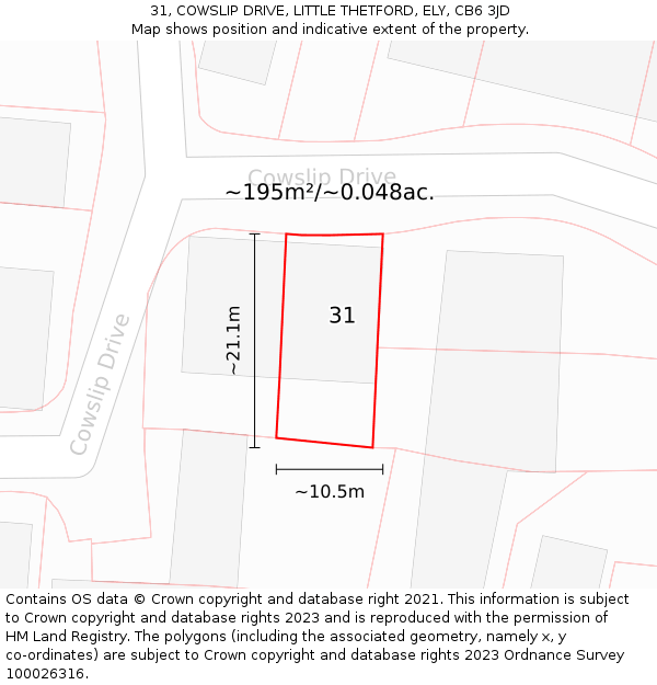 31, COWSLIP DRIVE, LITTLE THETFORD, ELY, CB6 3JD: Plot and title map