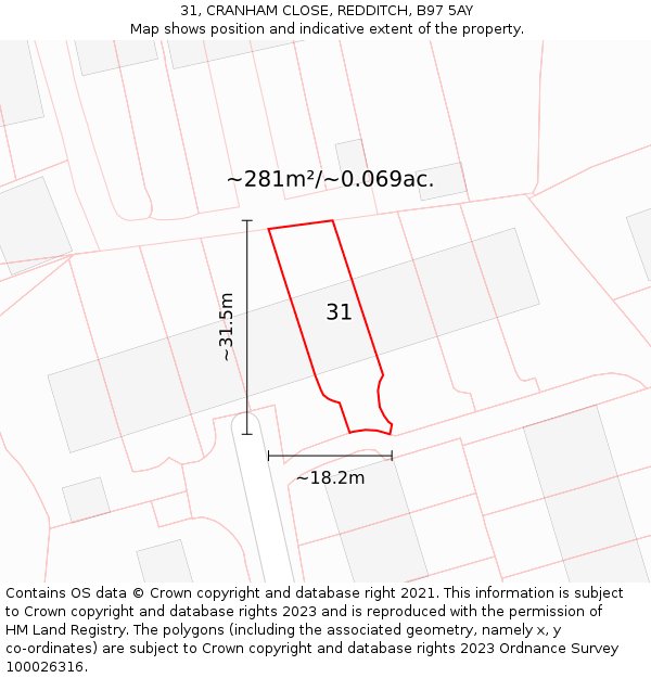 31, CRANHAM CLOSE, REDDITCH, B97 5AY: Plot and title map