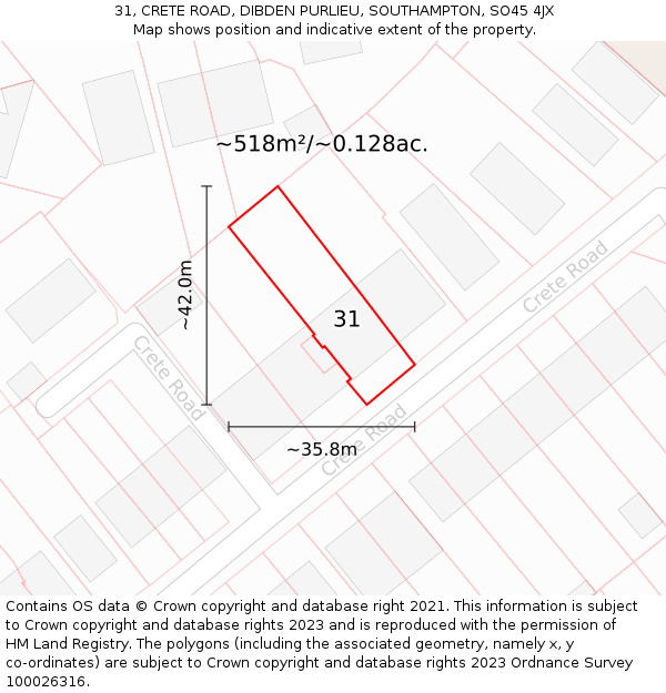 31, CRETE ROAD, DIBDEN PURLIEU, SOUTHAMPTON, SO45 4JX: Plot and title map