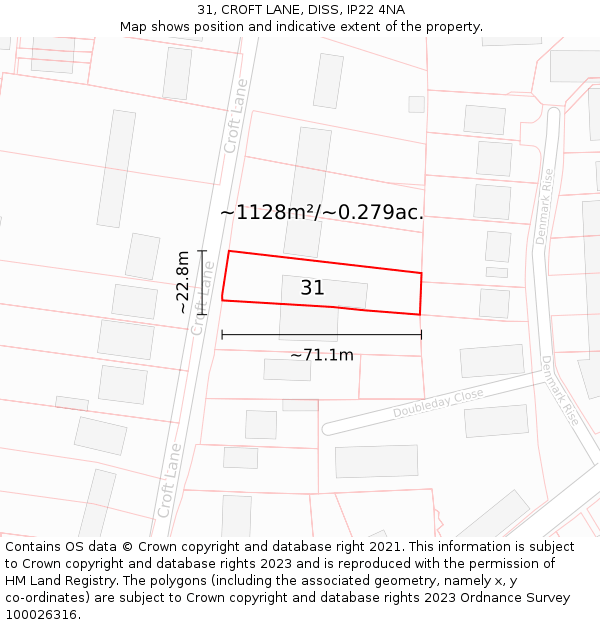 31, CROFT LANE, DISS, IP22 4NA: Plot and title map