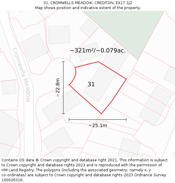 31, CROMWELLS MEADOW, CREDITON, EX17 1JZ: Plot and title map