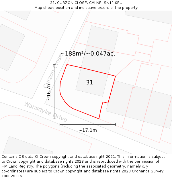 31, CURZON CLOSE, CALNE, SN11 0EU: Plot and title map