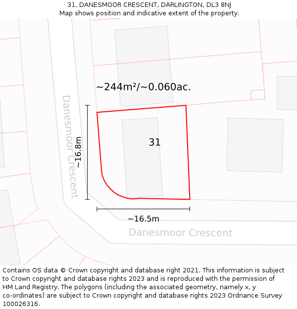 31, DANESMOOR CRESCENT, DARLINGTON, DL3 8NJ: Plot and title map