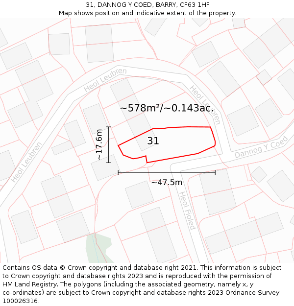 31, DANNOG Y COED, BARRY, CF63 1HF: Plot and title map