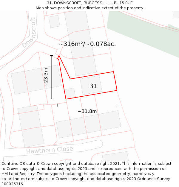 31, DOWNSCROFT, BURGESS HILL, RH15 0UF: Plot and title map