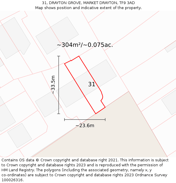 31, DRAYTON GROVE, MARKET DRAYTON, TF9 3AD: Plot and title map