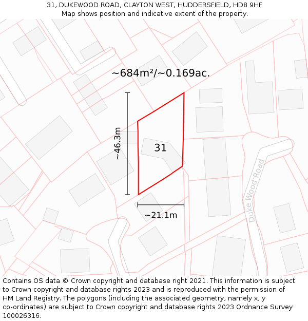 31, DUKEWOOD ROAD, CLAYTON WEST, HUDDERSFIELD, HD8 9HF: Plot and title map