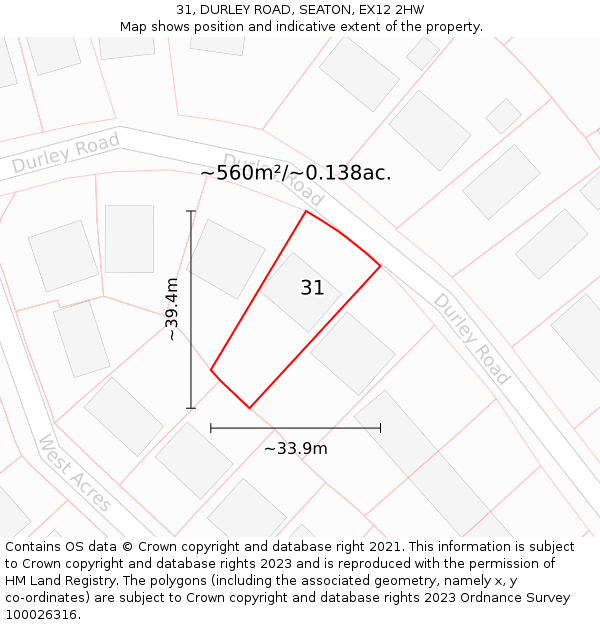 31, DURLEY ROAD, SEATON, EX12 2HW: Plot and title map