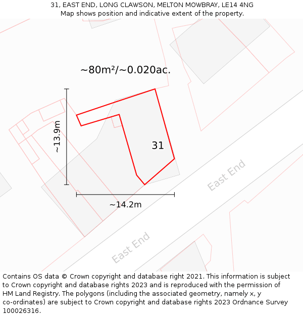 31, EAST END, LONG CLAWSON, MELTON MOWBRAY, LE14 4NG: Plot and title map