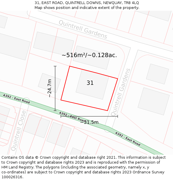 31, EAST ROAD, QUINTRELL DOWNS, NEWQUAY, TR8 4LQ: Plot and title map
