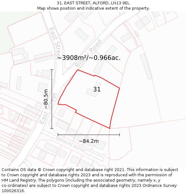 31, EAST STREET, ALFORD, LN13 9EL: Plot and title map