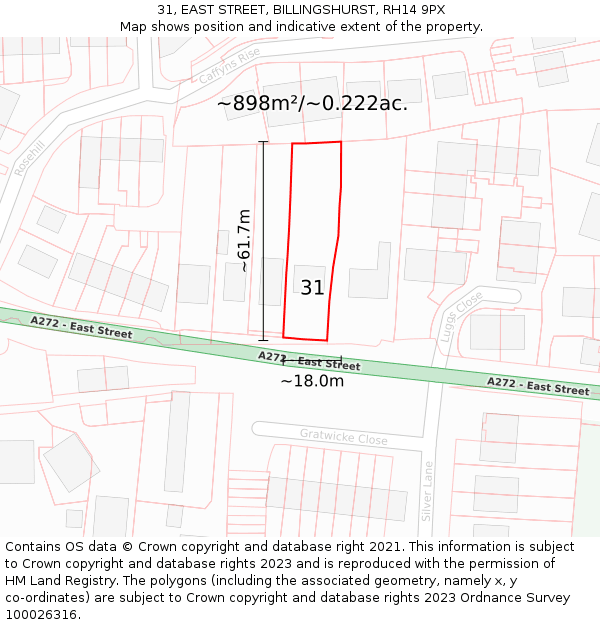 31, EAST STREET, BILLINGSHURST, RH14 9PX: Plot and title map