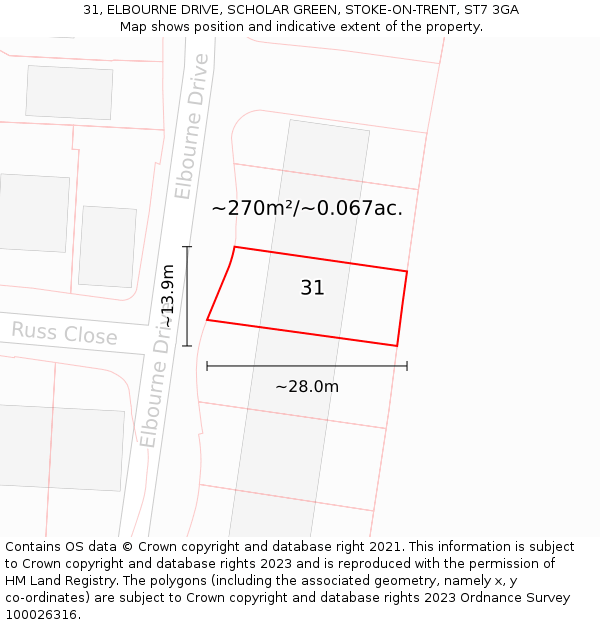 31, ELBOURNE DRIVE, SCHOLAR GREEN, STOKE-ON-TRENT, ST7 3GA: Plot and title map