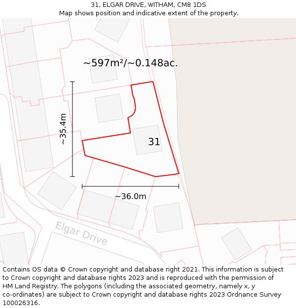 31, ELGAR DRIVE, WITHAM, CM8 1DS: Plot and title map