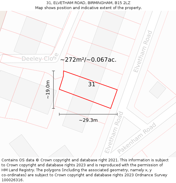 31, ELVETHAM ROAD, BIRMINGHAM, B15 2LZ: Plot and title map