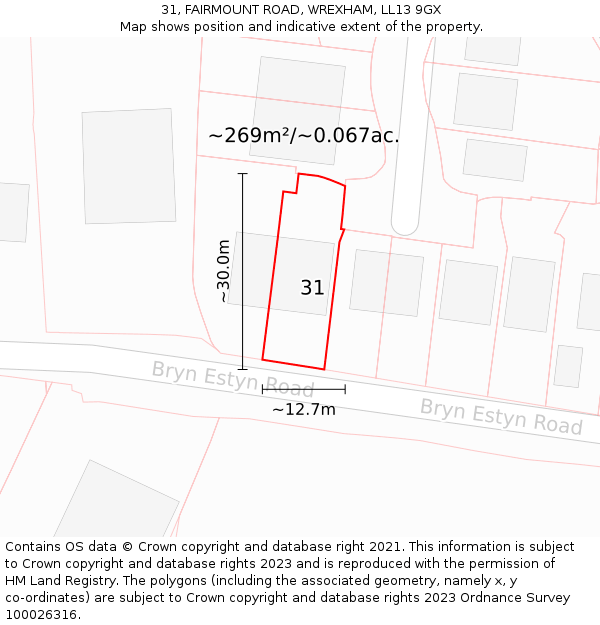 31, FAIRMOUNT ROAD, WREXHAM, LL13 9GX: Plot and title map