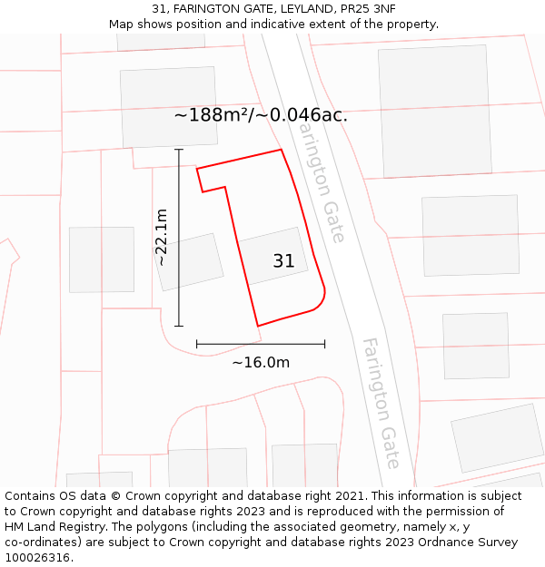 31, FARINGTON GATE, LEYLAND, PR25 3NF: Plot and title map