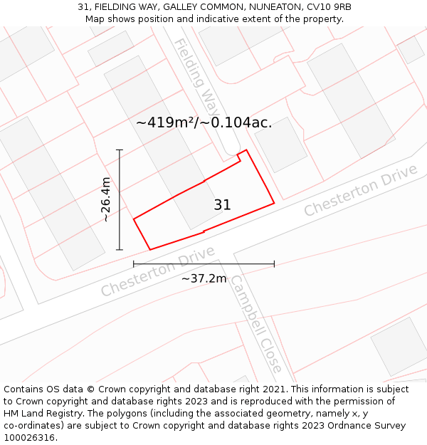 31, FIELDING WAY, GALLEY COMMON, NUNEATON, CV10 9RB: Plot and title map