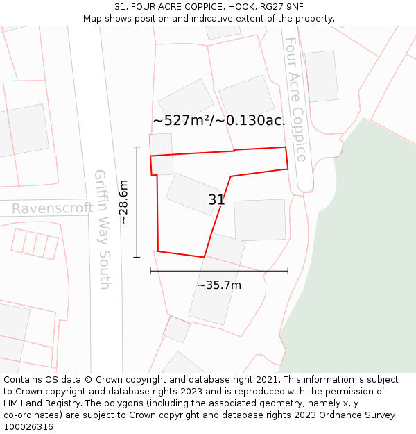 31, FOUR ACRE COPPICE, HOOK, RG27 9NF: Plot and title map