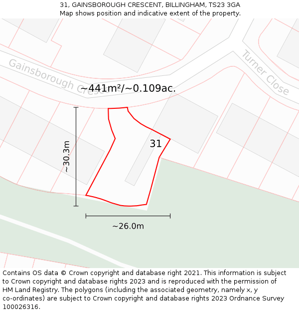 31, GAINSBOROUGH CRESCENT, BILLINGHAM, TS23 3GA: Plot and title map