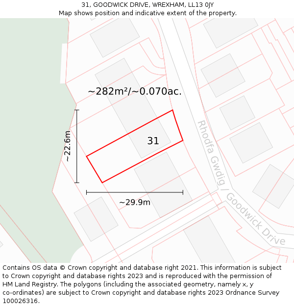 31, GOODWICK DRIVE, WREXHAM, LL13 0JY: Plot and title map
