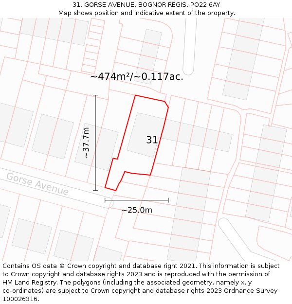 31, GORSE AVENUE, BOGNOR REGIS, PO22 6AY: Plot and title map