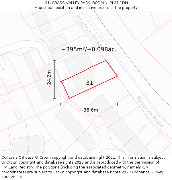 31, GRASS VALLEY PARK, BODMIN, PL31 1DN: Plot and title map