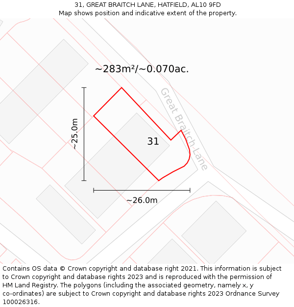 31, GREAT BRAITCH LANE, HATFIELD, AL10 9FD: Plot and title map