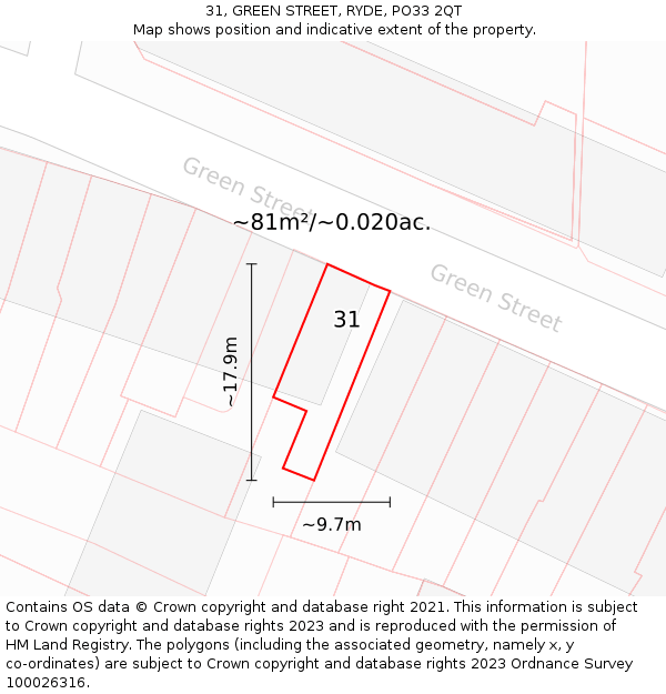 31, GREEN STREET, RYDE, PO33 2QT: Plot and title map