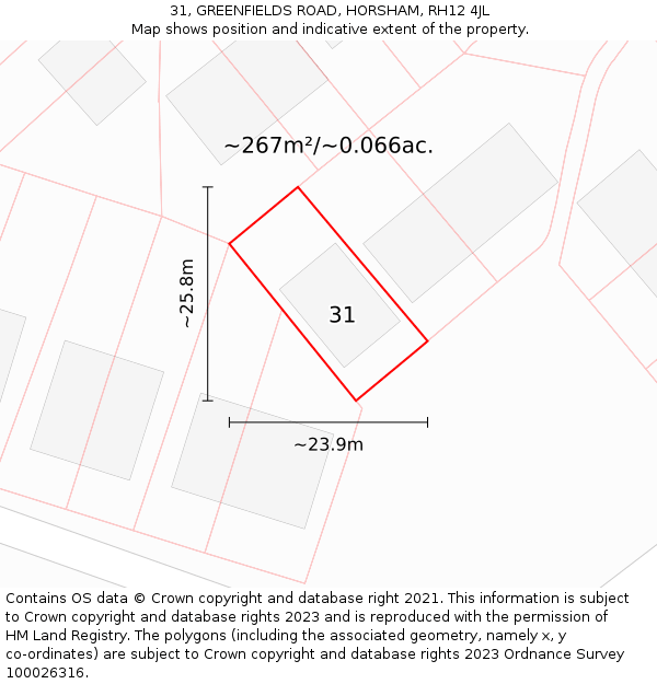 31, GREENFIELDS ROAD, HORSHAM, RH12 4JL: Plot and title map