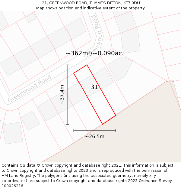 31, GREENWOOD ROAD, THAMES DITTON, KT7 0DU: Plot and title map