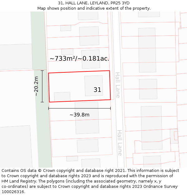 31, HALL LANE, LEYLAND, PR25 3YD: Plot and title map