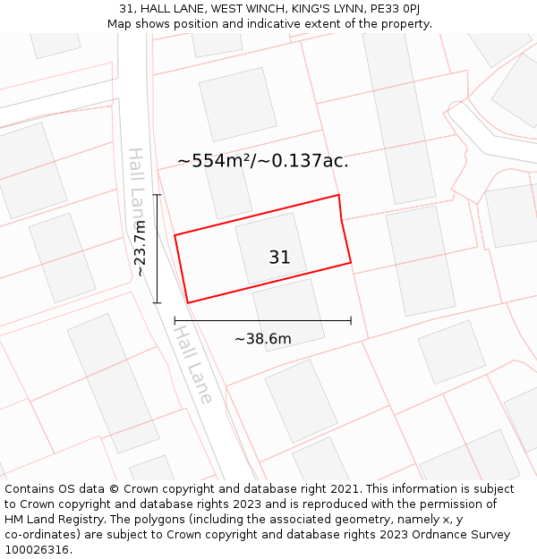 31, HALL LANE, WEST WINCH, KING'S LYNN, PE33 0PJ: Plot and title map