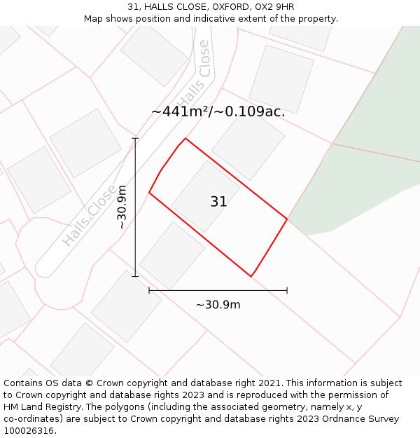 31, HALLS CLOSE, OXFORD, OX2 9HR: Plot and title map