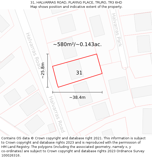 31, HALVARRAS ROAD, PLAYING PLACE, TRURO, TR3 6HD: Plot and title map