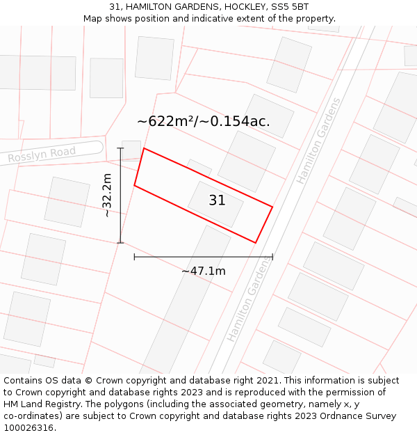 31, HAMILTON GARDENS, HOCKLEY, SS5 5BT: Plot and title map