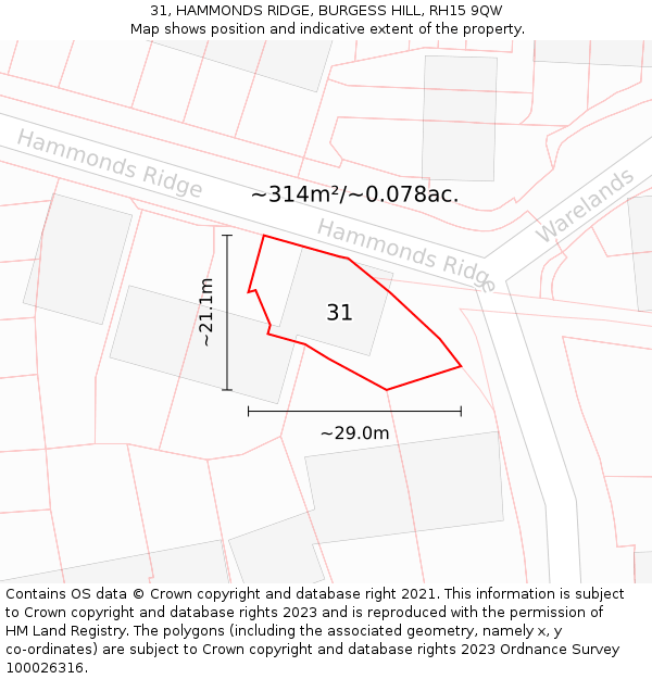 31, HAMMONDS RIDGE, BURGESS HILL, RH15 9QW: Plot and title map