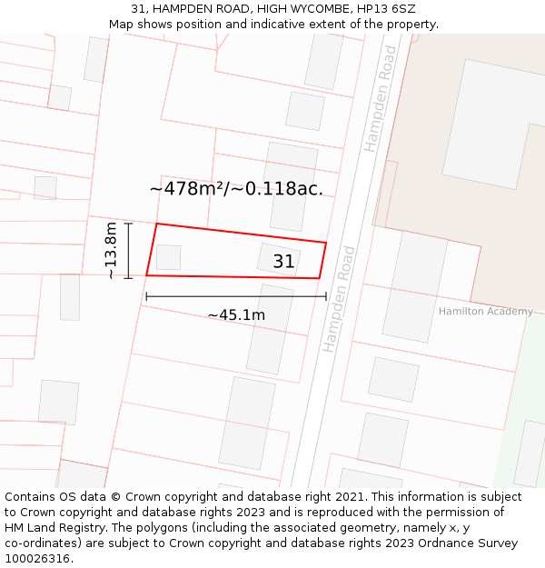 31, HAMPDEN ROAD, HIGH WYCOMBE, HP13 6SZ: Plot and title map