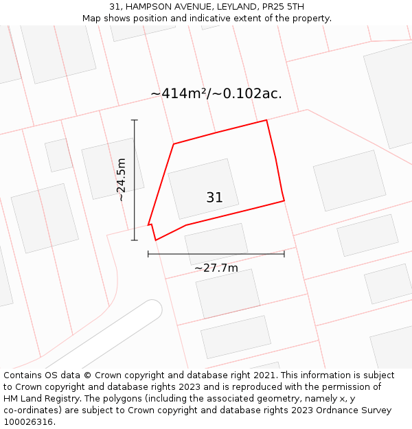 31, HAMPSON AVENUE, LEYLAND, PR25 5TH: Plot and title map