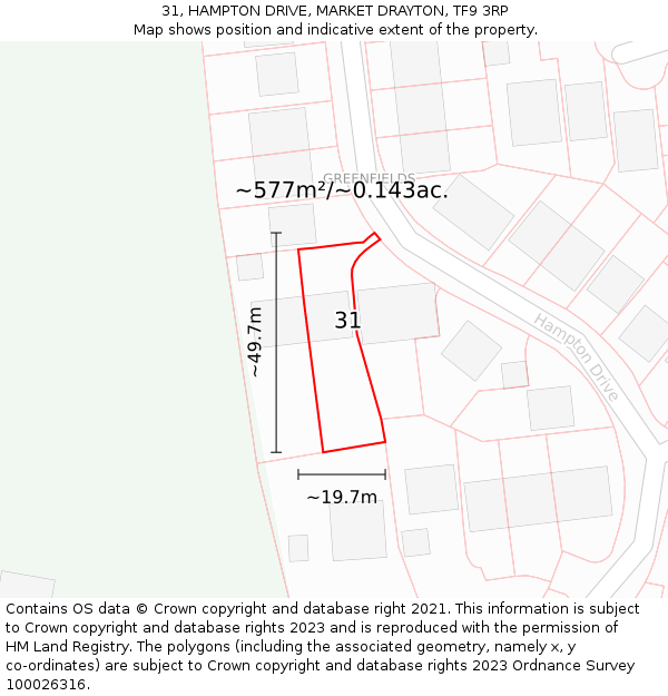 31, HAMPTON DRIVE, MARKET DRAYTON, TF9 3RP: Plot and title map