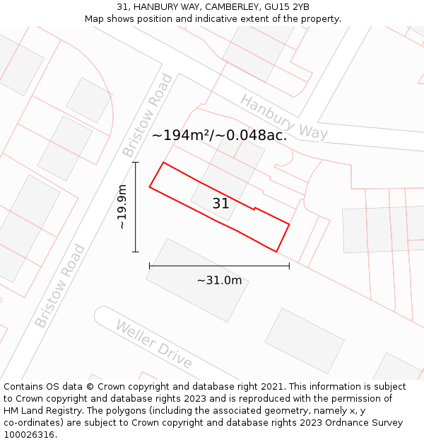 31, HANBURY WAY, CAMBERLEY, GU15 2YB: Plot and title map