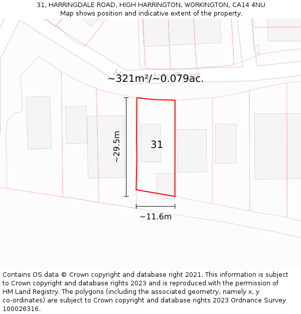 31, HARRINGDALE ROAD, HIGH HARRINGTON, WORKINGTON, CA14 4NU: Plot and title map