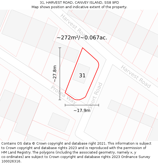31, HARVEST ROAD, CANVEY ISLAND, SS8 9PD: Plot and title map