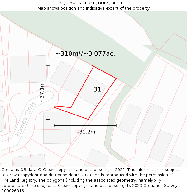 31, HAWES CLOSE, BURY, BL8 1UH: Plot and title map