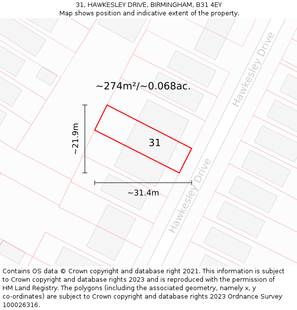 31, HAWKESLEY DRIVE, BIRMINGHAM, B31 4EY: Plot and title map